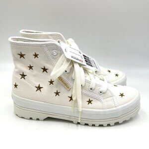 Superga Womens Size 6.5 Gold Star Embroidered‎ White High Top Sneakers Shoes